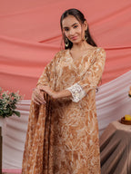 Yufta Mustard Floral Print Cotton Straight Kurta Trouser Dupatta Set | Grocsy