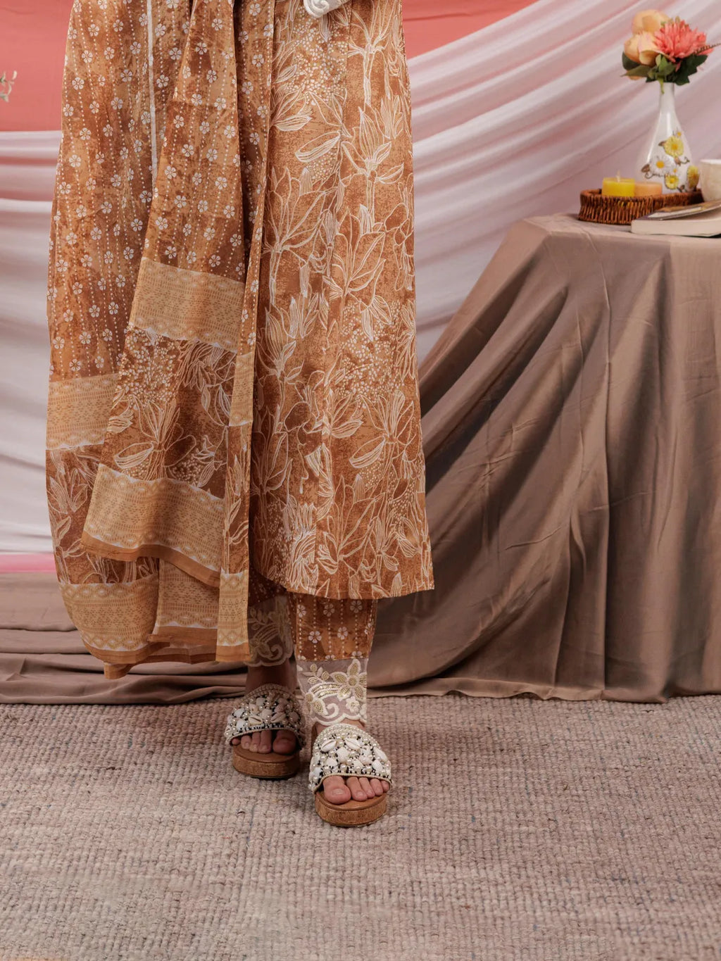 Yufta Mustard Floral Print Cotton Straight Kurta Trouser Dupatta Set | Grocsy