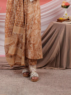 Yufta Mustard Floral Print Cotton Straight Kurta Trouser Dupatta Set | Grocsy