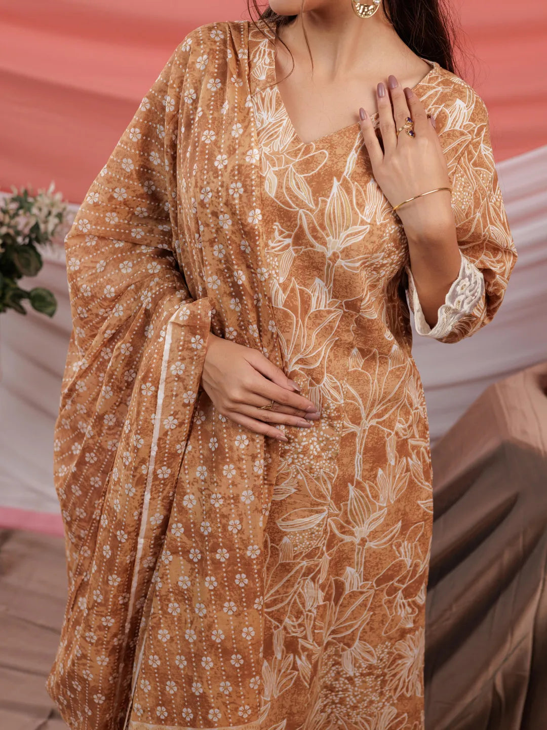 Yufta Mustard Floral Print Cotton Straight Kurta Trouser Dupatta Set | Grocsy