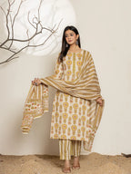 Yufta Mustard Floral Print Cotton Straight Kurta Dupatta Set | Grocsy
