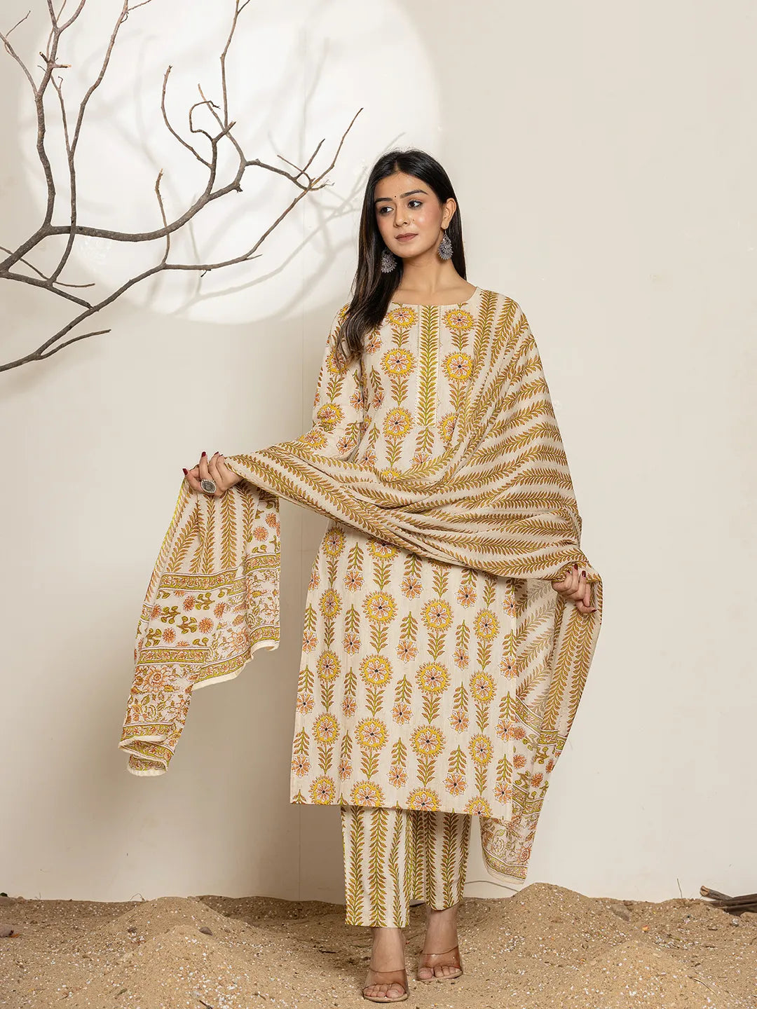 Yufta Mustard Floral Print Cotton Straight Kurta Dupatta Set | Grocsy