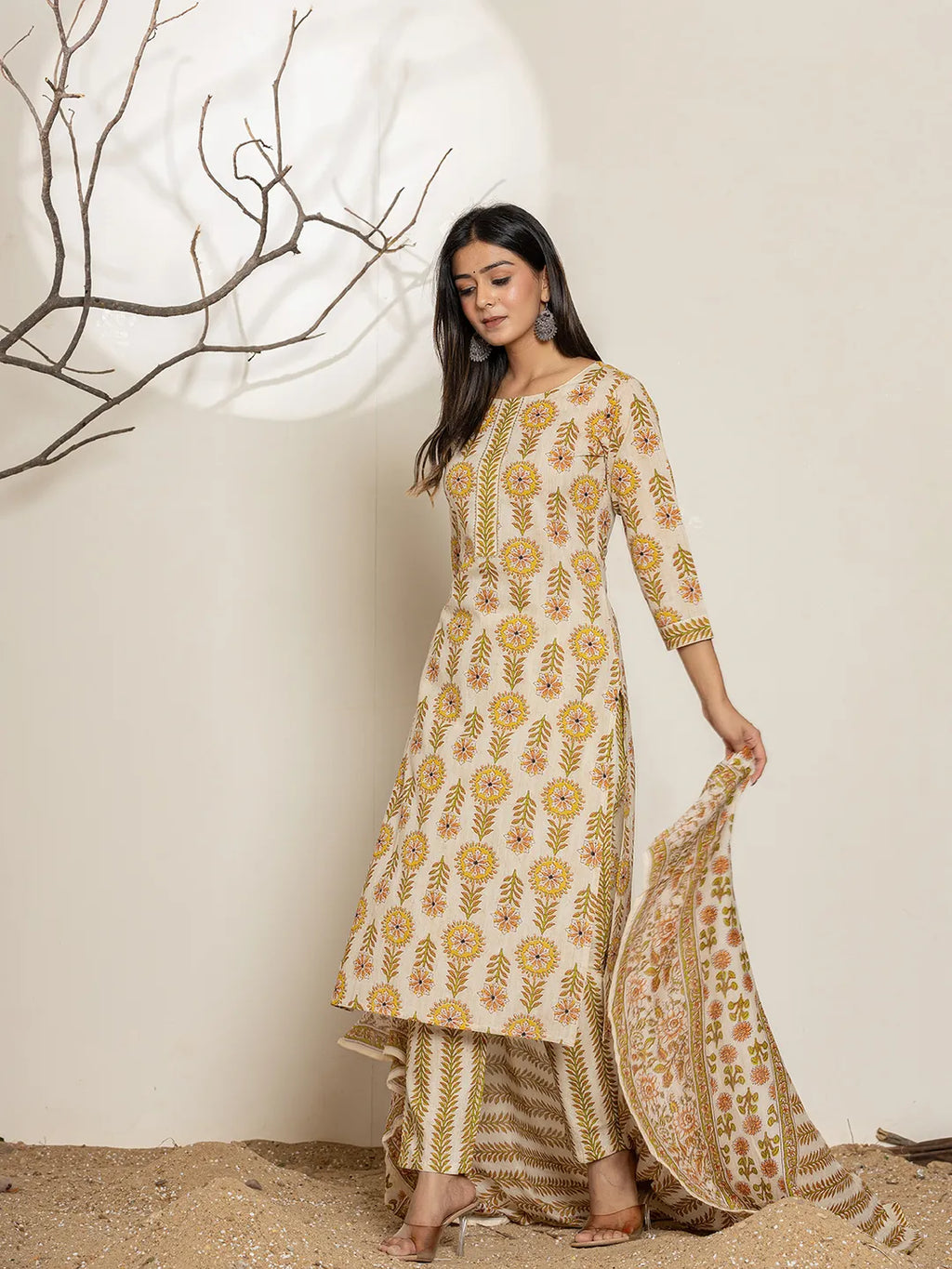 Yufta Mustard Floral Print Cotton Straight Kurta Dupatta Set | Grocsy