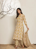Yufta Mustard Floral Print Cotton Straight Kurta Dupatta Set | Grocsy