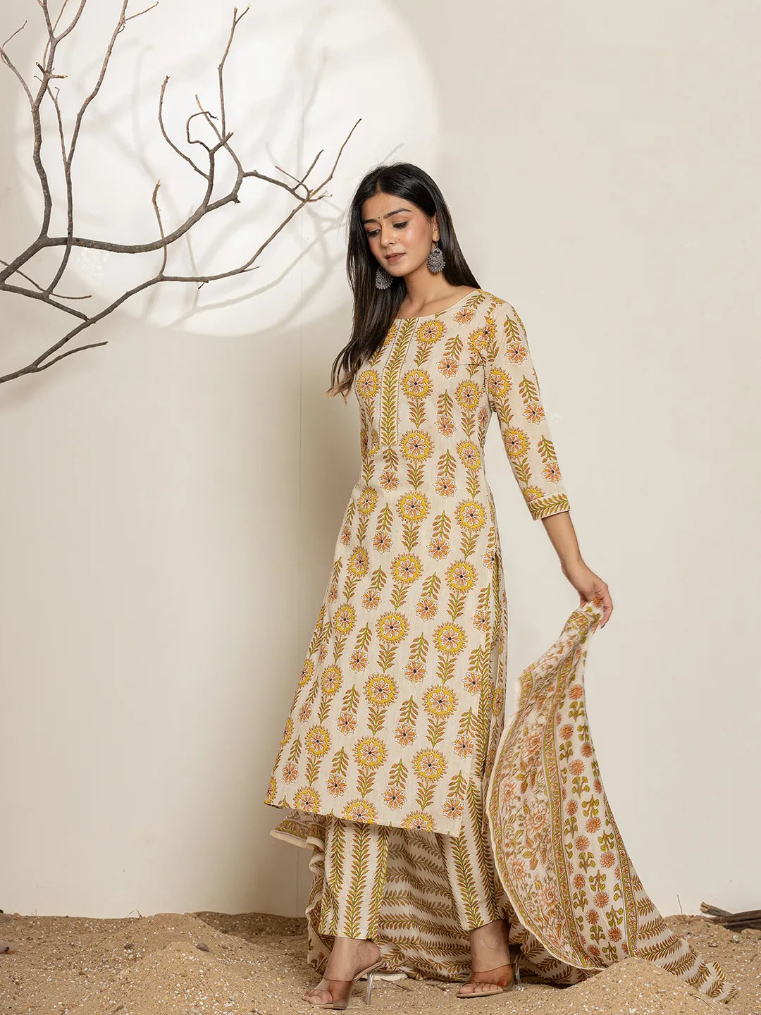Yufta Mustard Floral Print Cotton Straight Kurta Dupatta Set | Grocsy