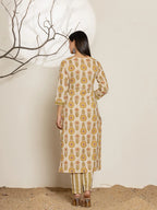 Yufta Mustard Floral Print Cotton Straight Kurta Dupatta Set | Grocsy