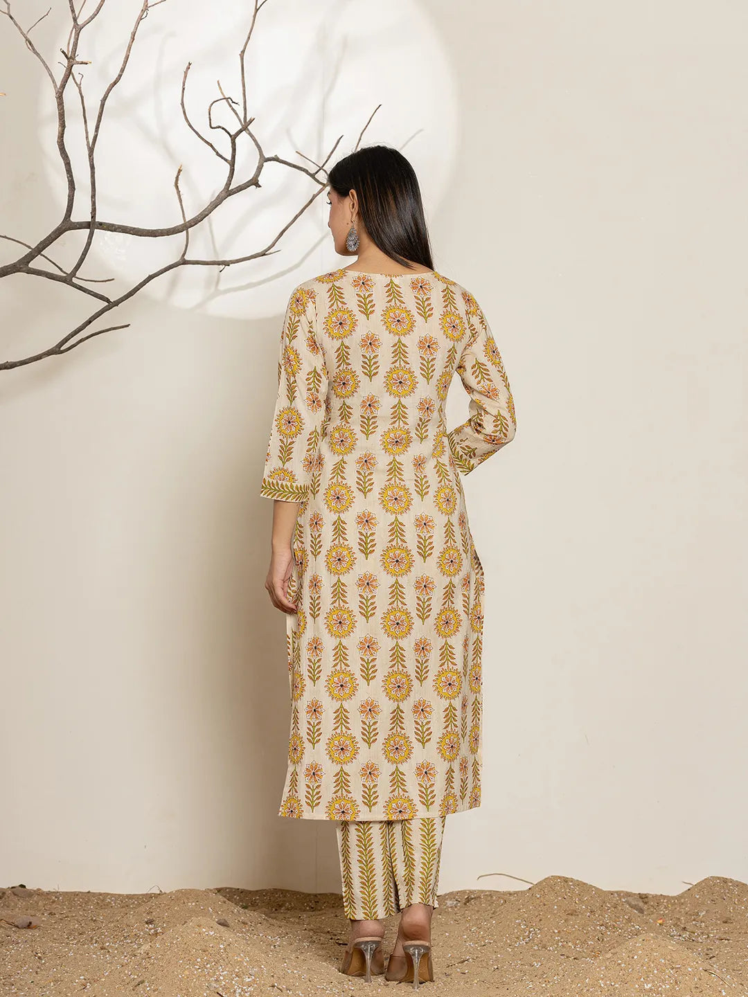Yufta Mustard Floral Print Cotton Straight Kurta Dupatta Set | Grocsy