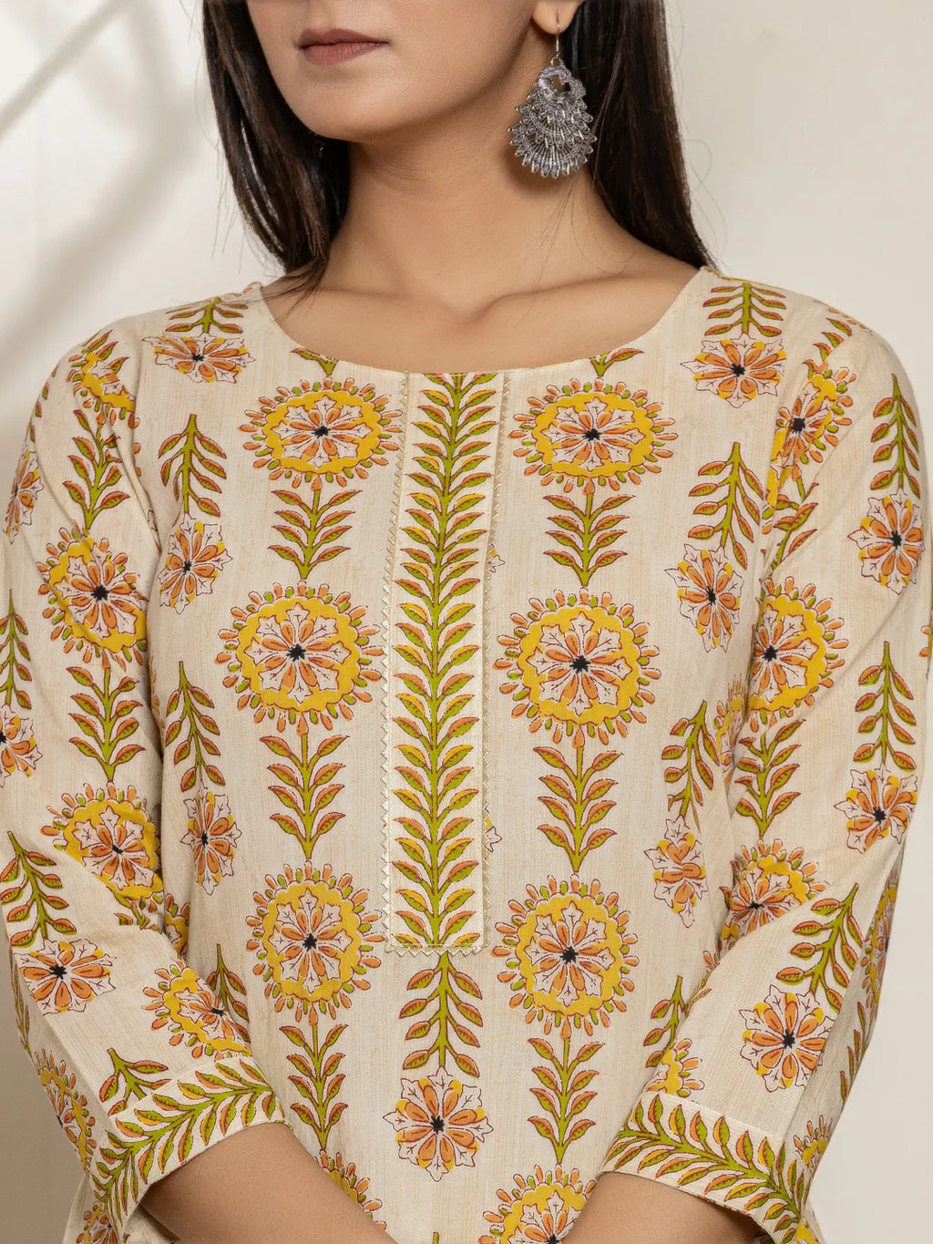 Yufta Mustard Floral Print Cotton Straight Kurta Dupatta Set | Grocsy