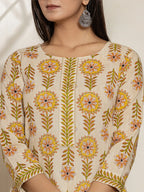 Yufta Mustard Floral Print Cotton Straight Kurta Dupatta Set | Grocsy