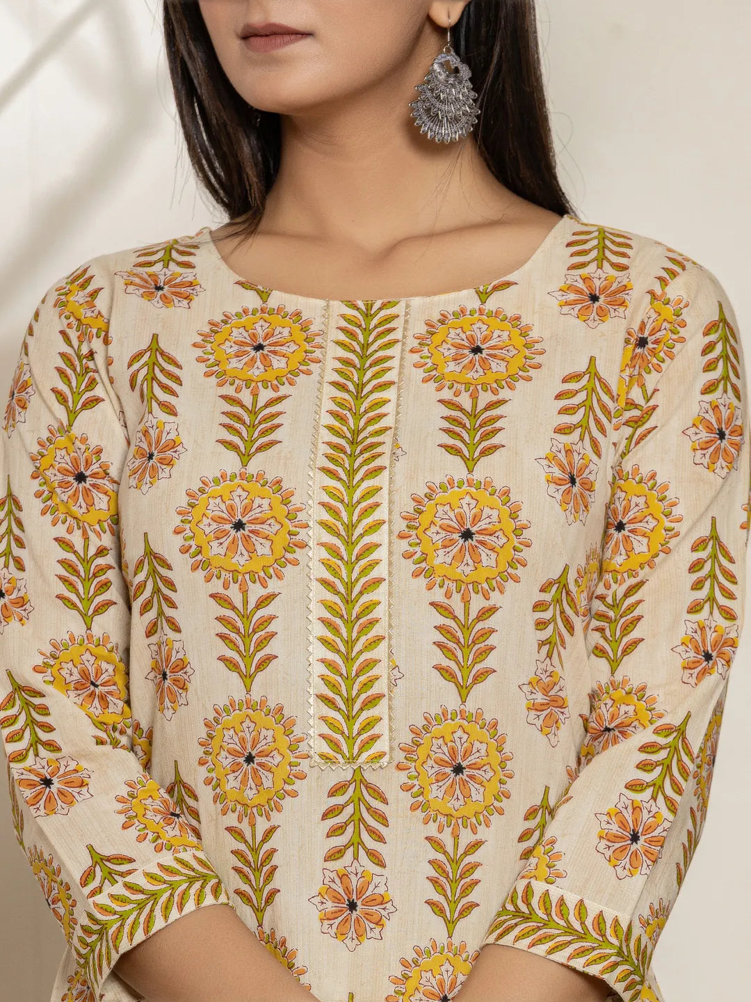 Yufta Mustard Floral Print Cotton Straight Kurta Dupatta Set | Grocsy