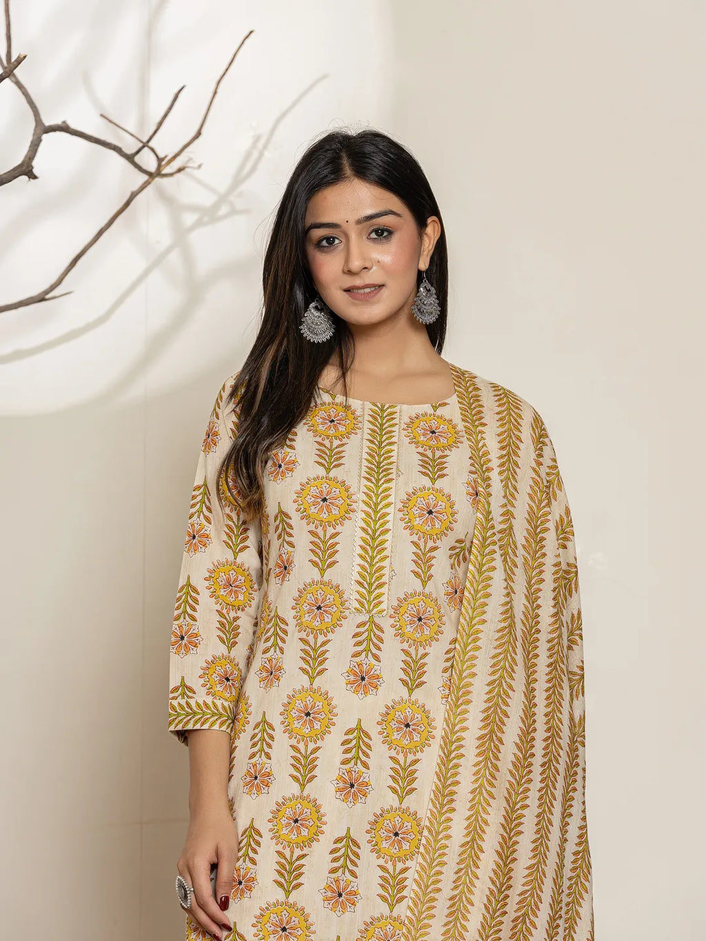 Yufta Mustard Floral Print Cotton Straight Kurta Dupatta Set | Grocsy