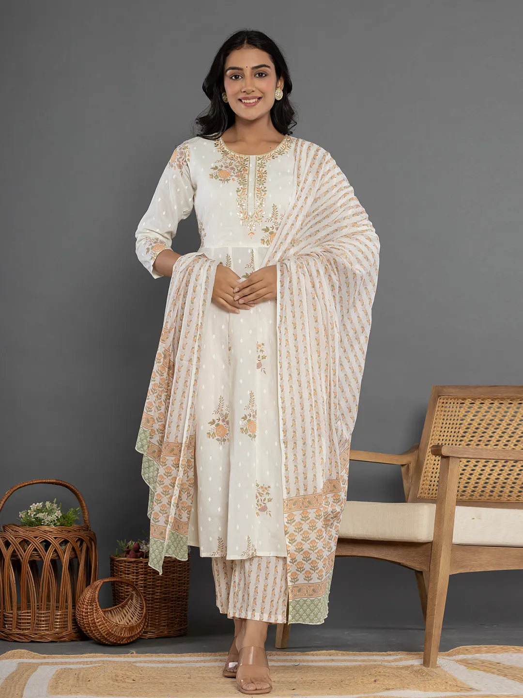 Yufta Mustard Gota_Patti Cotton Anarkali Kurta Dupatta Pant Set | Grocsy