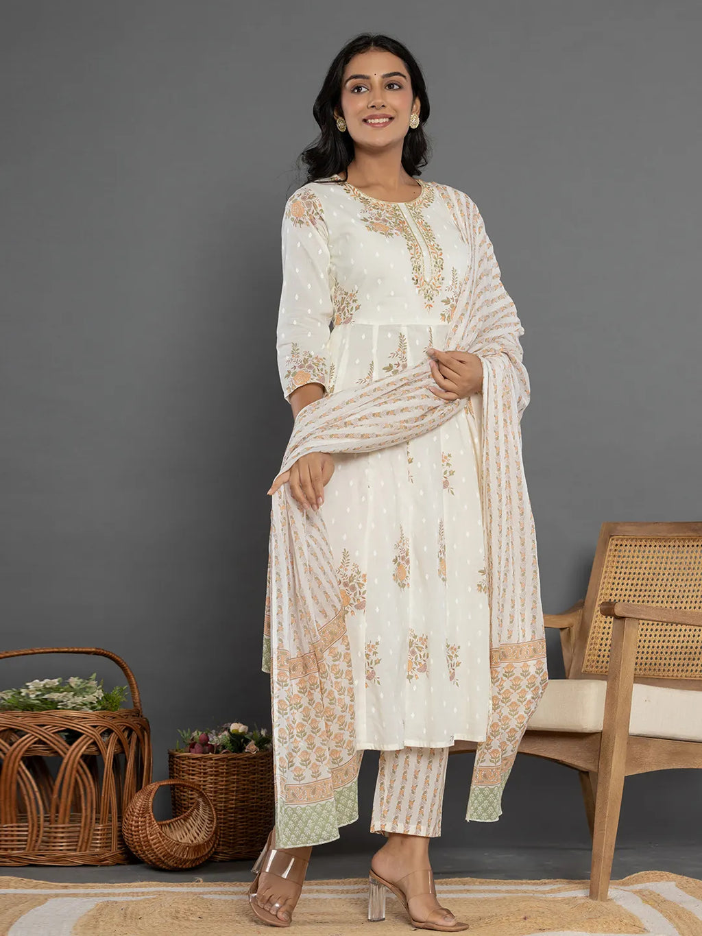 Yufta Mustard Gota_Patti Cotton Anarkali Kurta Dupatta Pant Set | Grocsy