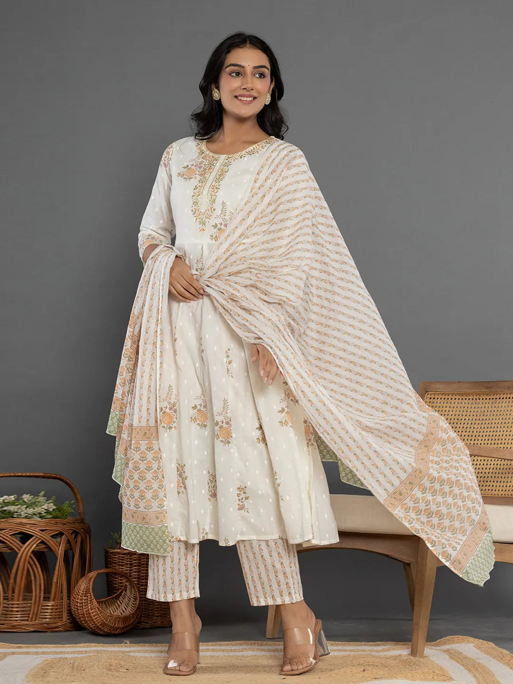 Yufta Mustard Gota_Patti Cotton Anarkali Kurta Dupatta Pant Set | Grocsy