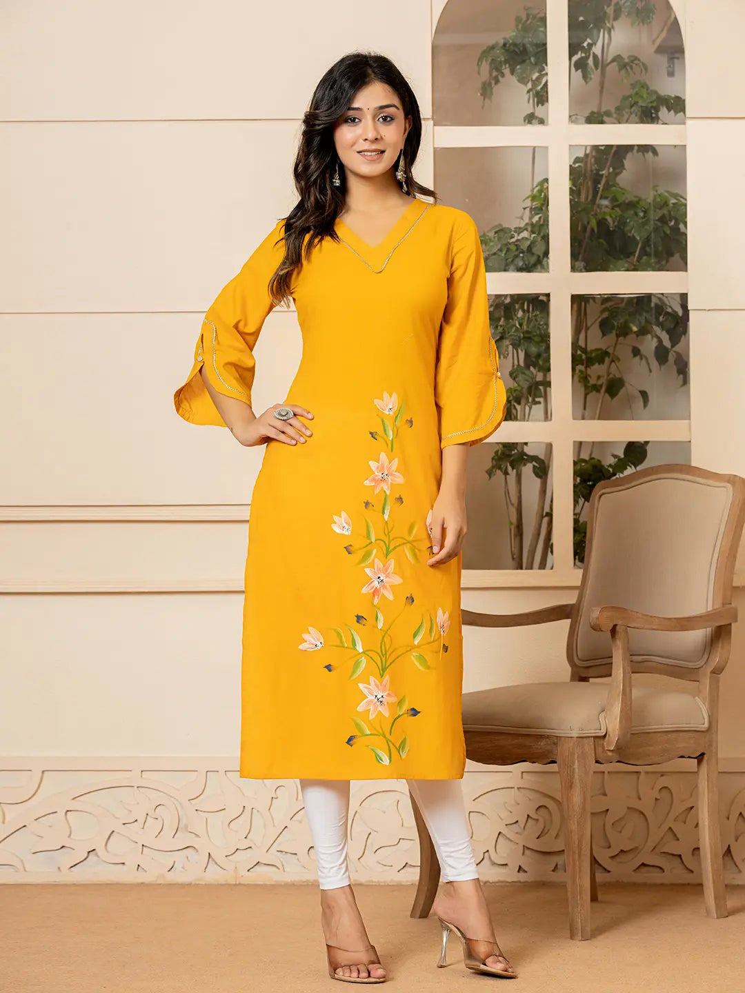Yufta Mustard Hand Painted Straight Kurta | Grocsy