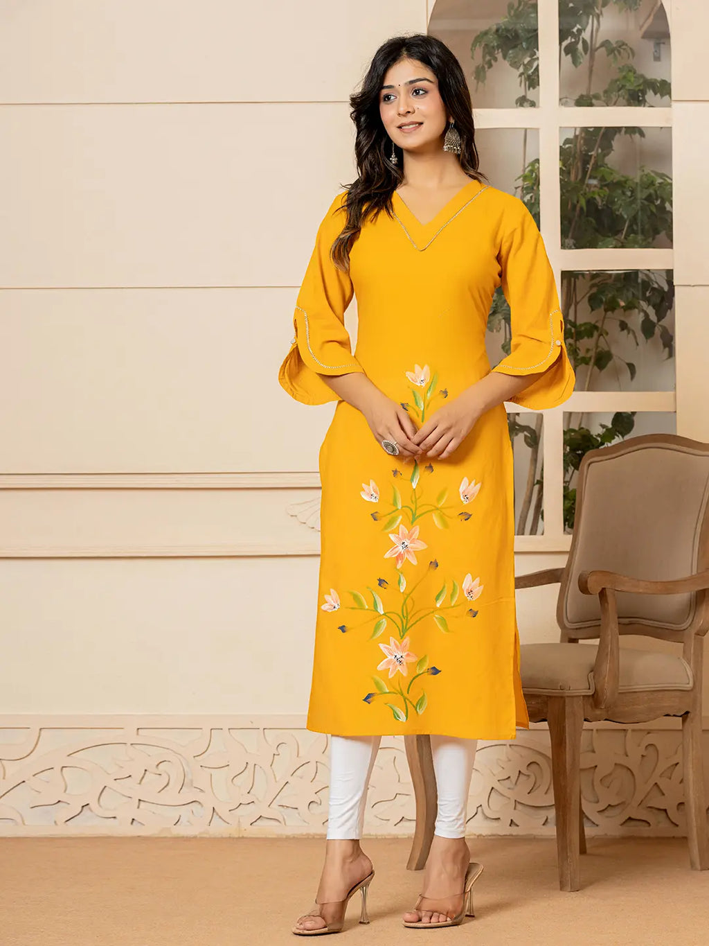 Yufta Mustard Hand Painted Straight Kurta | Grocsy