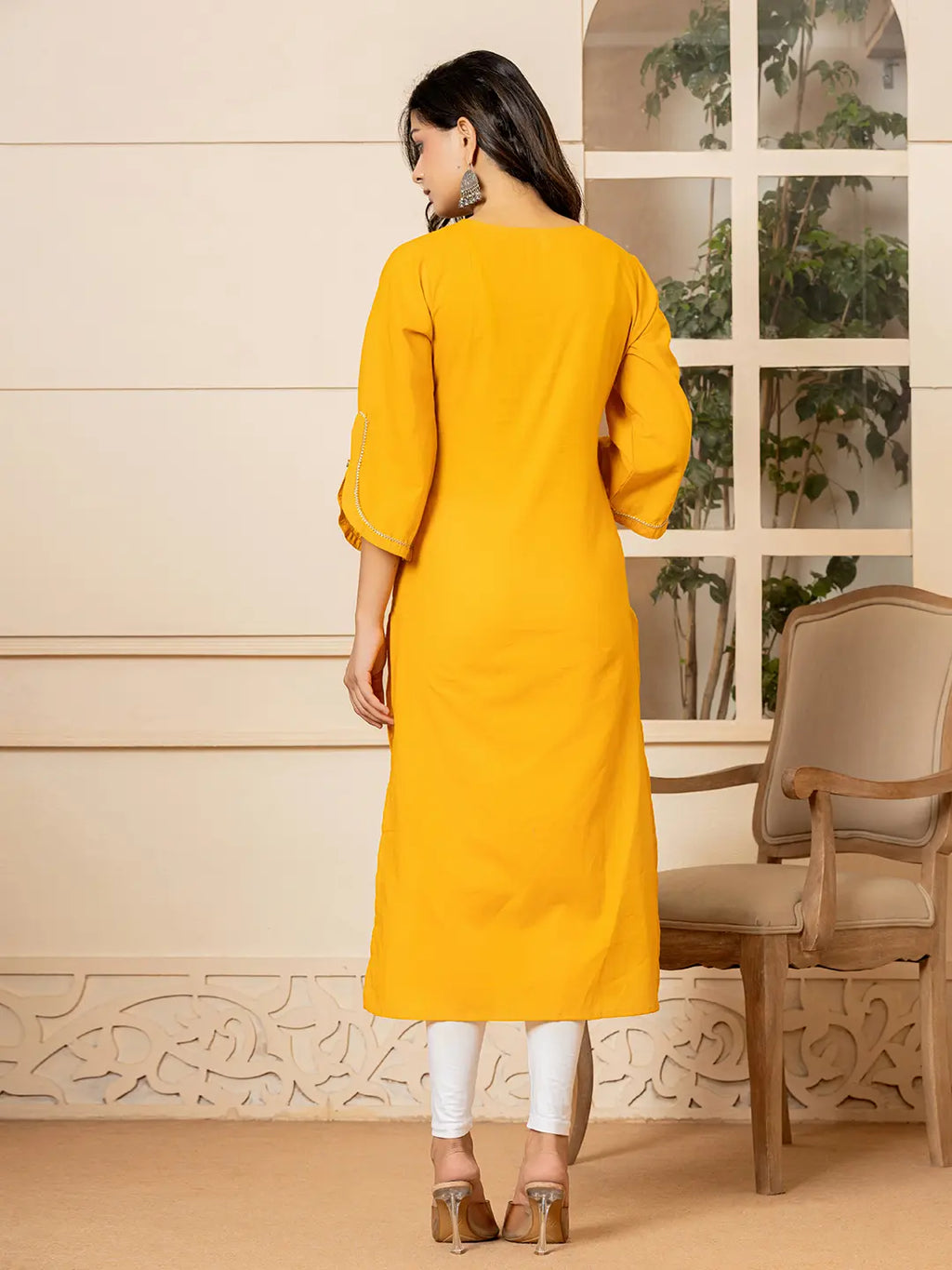 Yufta Mustard Hand Painted Straight Kurta | Grocsy