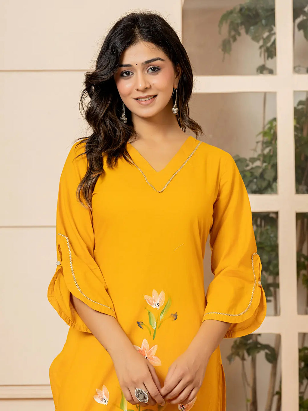 Yufta Mustard Hand Painted Straight Kurta | Grocsy