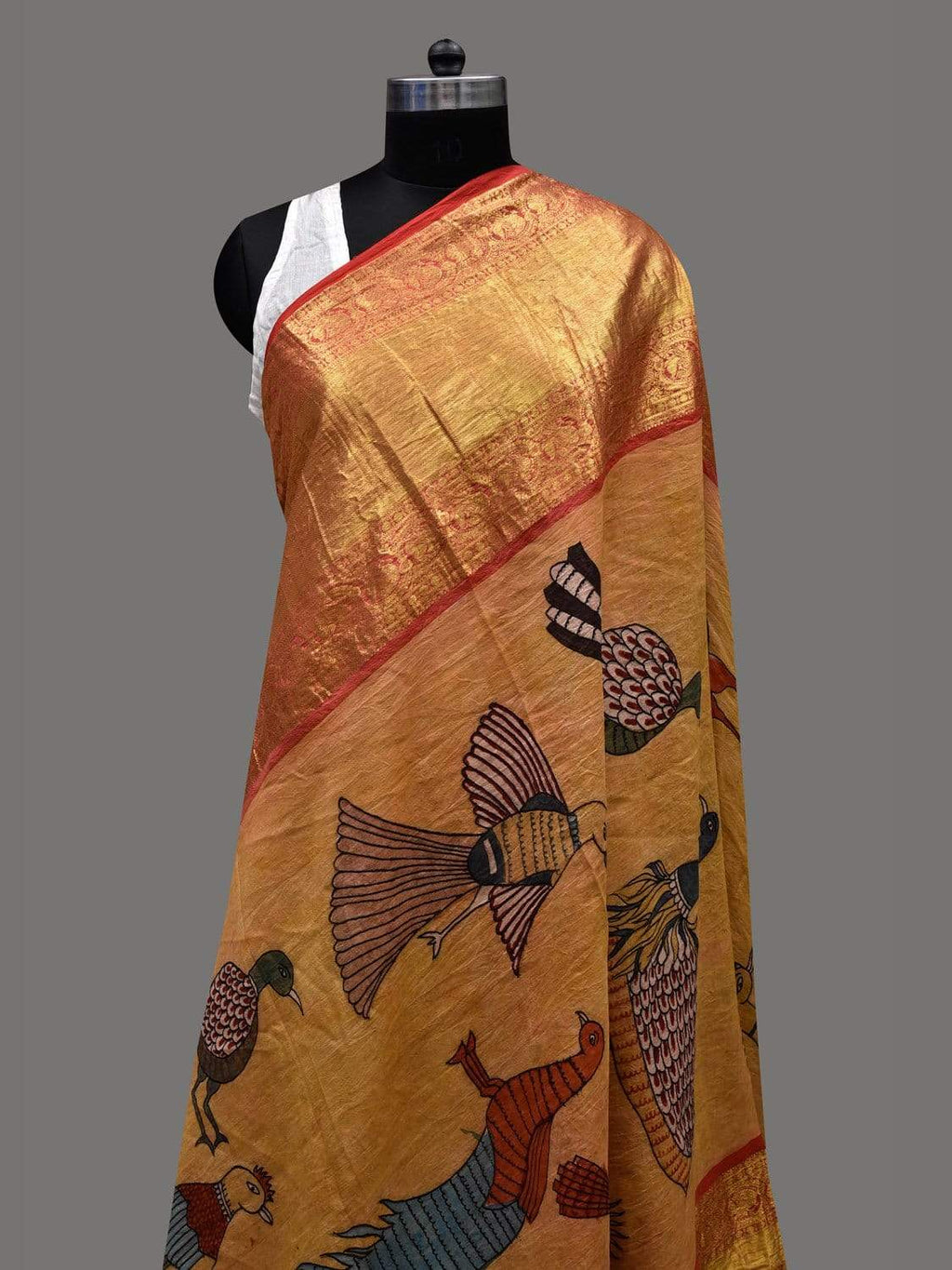 Mustard Kalamkari Hand Painted Kanchipuram Silk Handloom Dupatta with Birds Design - Global Threads | Grocsy