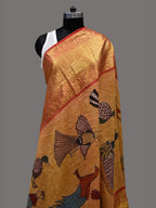 Mustard Kalamkari Hand Painted Kanchipuram Silk Handloom Dupatta with Birds Design - Global Threads | Grocsy