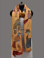 Mustard Kalamkari Hand Painted Kanchipuram Silk Handloom Dupatta with Birds Design - Global Threads | Grocsy