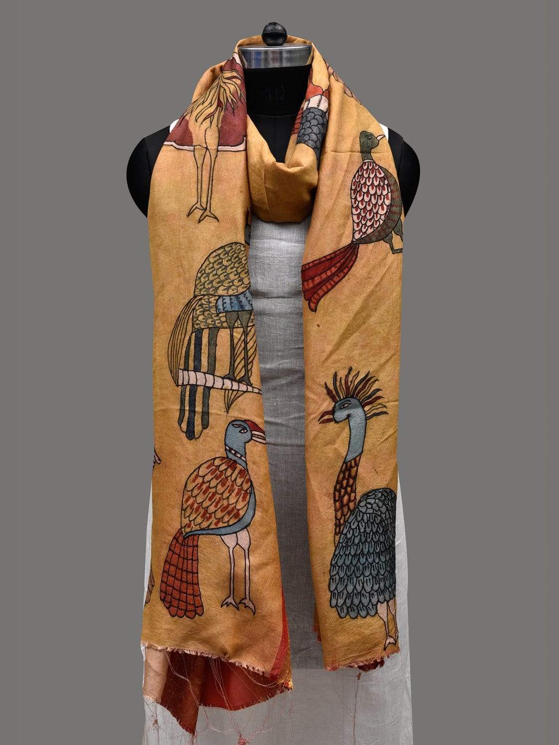 Mustard Kalamkari Hand Painted Kanchipuram Silk Handloom Dupatta with Birds Design - Global Threads | Grocsy