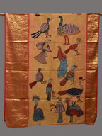 Mustard Kalamkari Hand Painted Kanchipuram Silk Handloom Dupatta with Birds Design - Global Threads | Grocsy