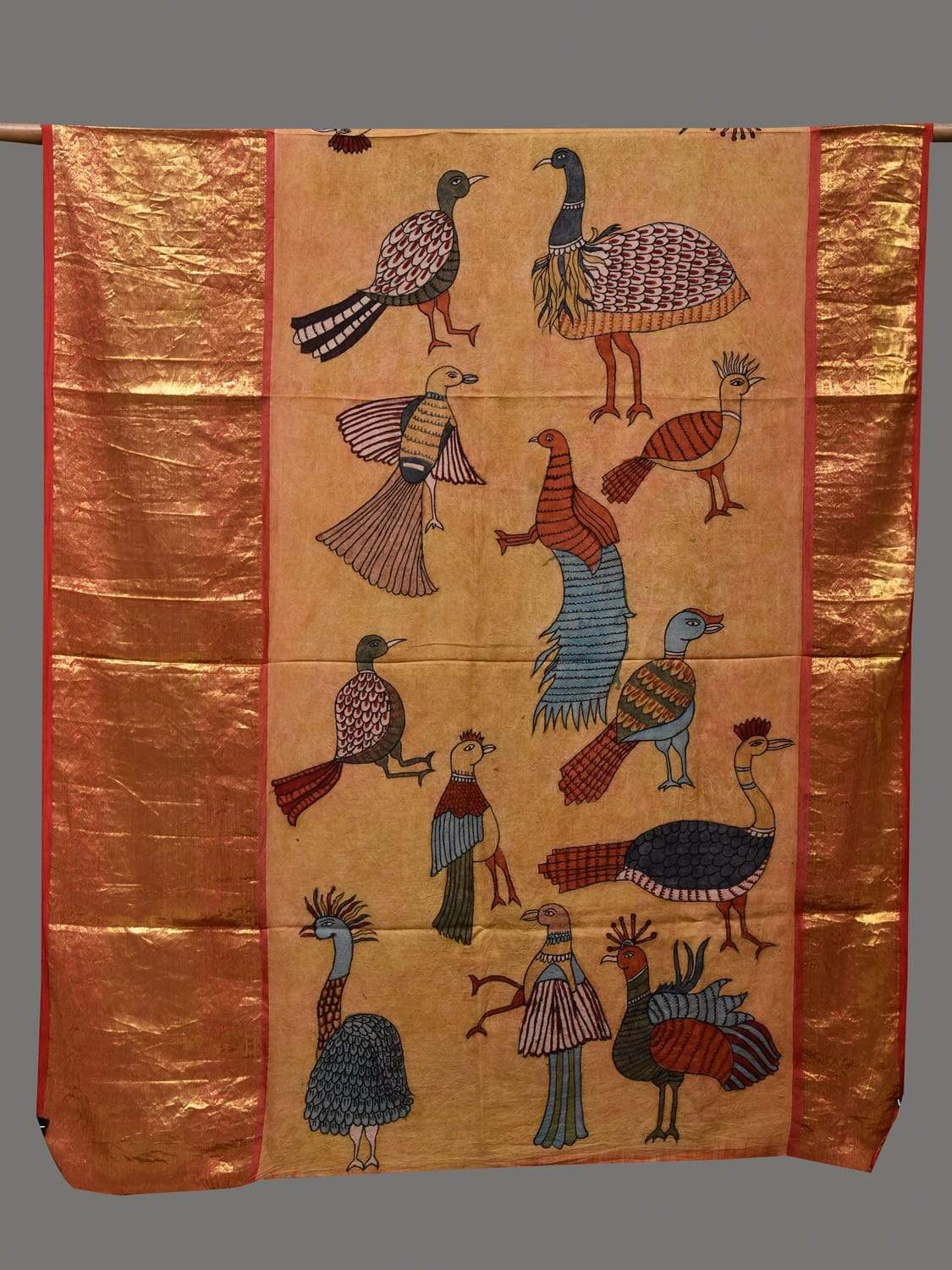 Mustard Kalamkari Hand Painted Kanchipuram Silk Handloom Dupatta with Birds Design - Global Threads | Grocsy