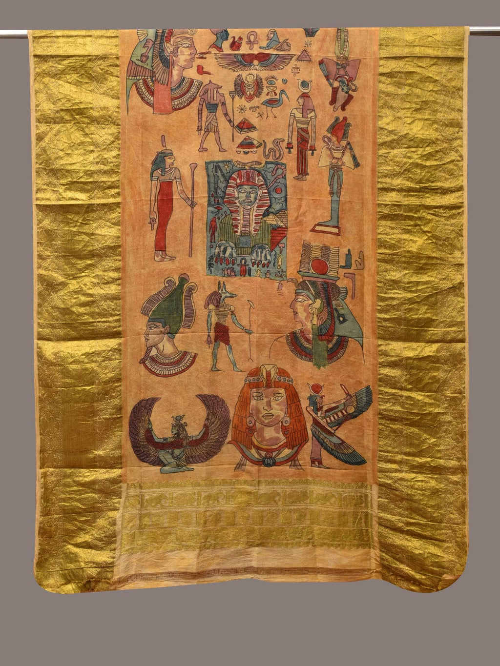 Mustard Kalamkari Hand Painted Kanchipuram Silk Handloom Dupatta with Egyptian Design - Global Threads | Grocsy