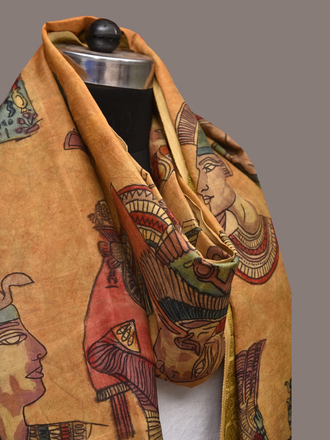 Mustard Kalamkari Hand Painted Kanchipuram Silk Handloom Dupatta with Egyptian Design - Global Threads | Grocsy