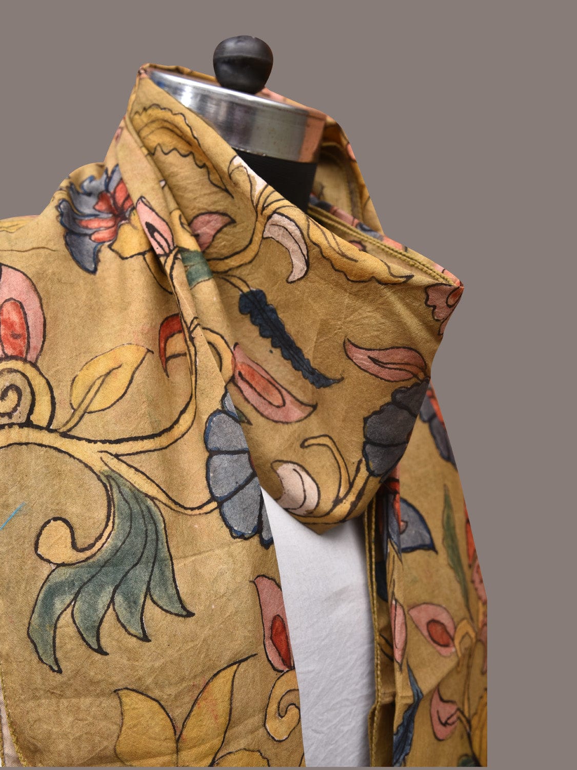Mustard Kalamkari Hand Painted Sico Stole with Floral and Birds Design - Global Threads | Grocsy