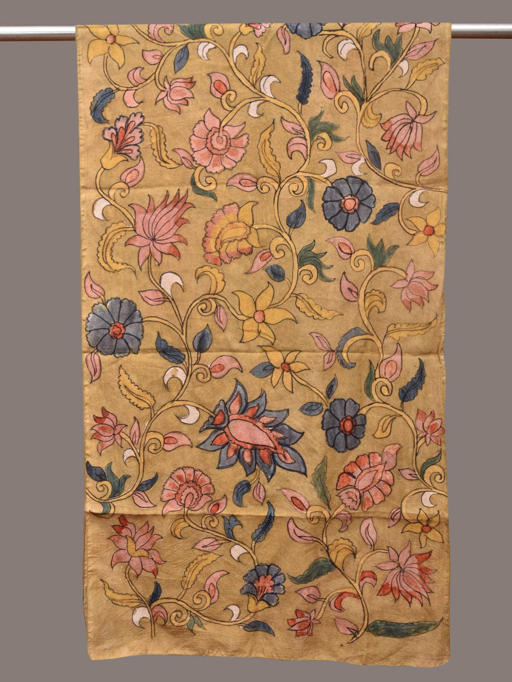 Mustard Kalamkari Hand Painted Sico Stole with Floral and Birds Design - Global Threads | Grocsy