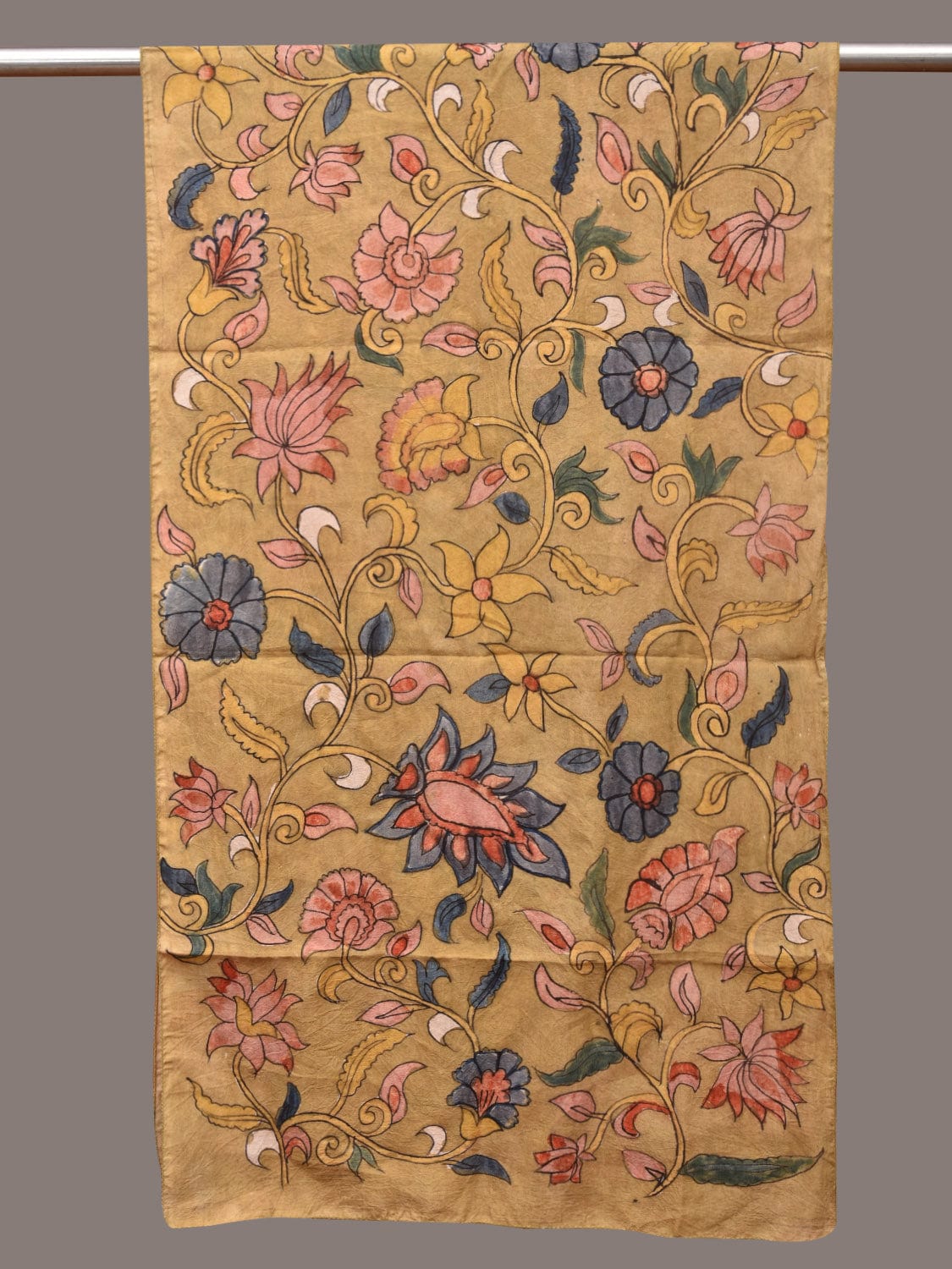 Mustard Kalamkari Hand Painted Sico Stole with Floral and Birds Design - Global Threads | Grocsy