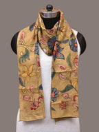 Mustard Kalamkari Hand Painted Sico Stole with Floral and Birds Design - Global Threads | Grocsy
