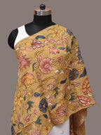 Mustard Kalamkari Hand Painted Sico Stole with Floral and Birds Design - Global Threads | Grocsy