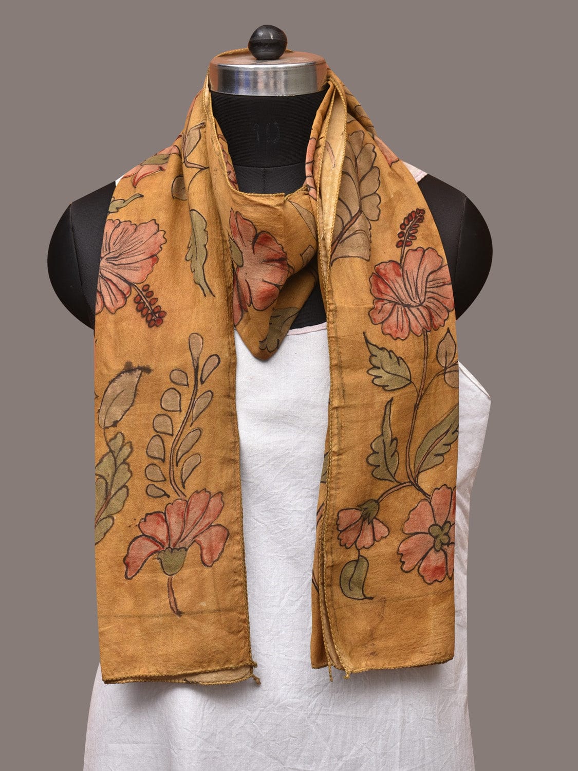 Mustard Kalamkari Hand Painted Sico Stole with Floral Design - Global Threads | Grocsy