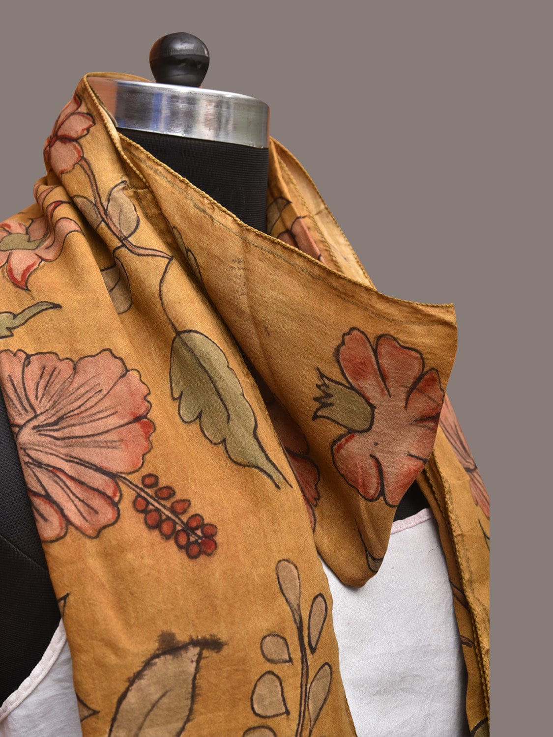 Mustard Kalamkari Hand Painted Sico Stole with Floral Design - Global Threads | Grocsy
