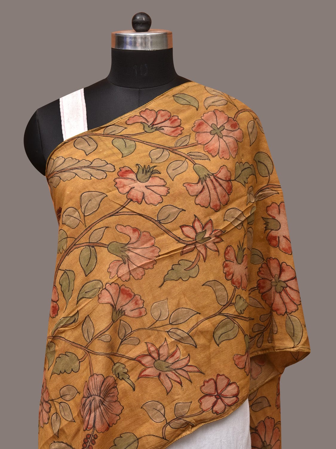 Mustard Kalamkari Hand Painted Sico Stole with Floral Design - Global Threads | Grocsy