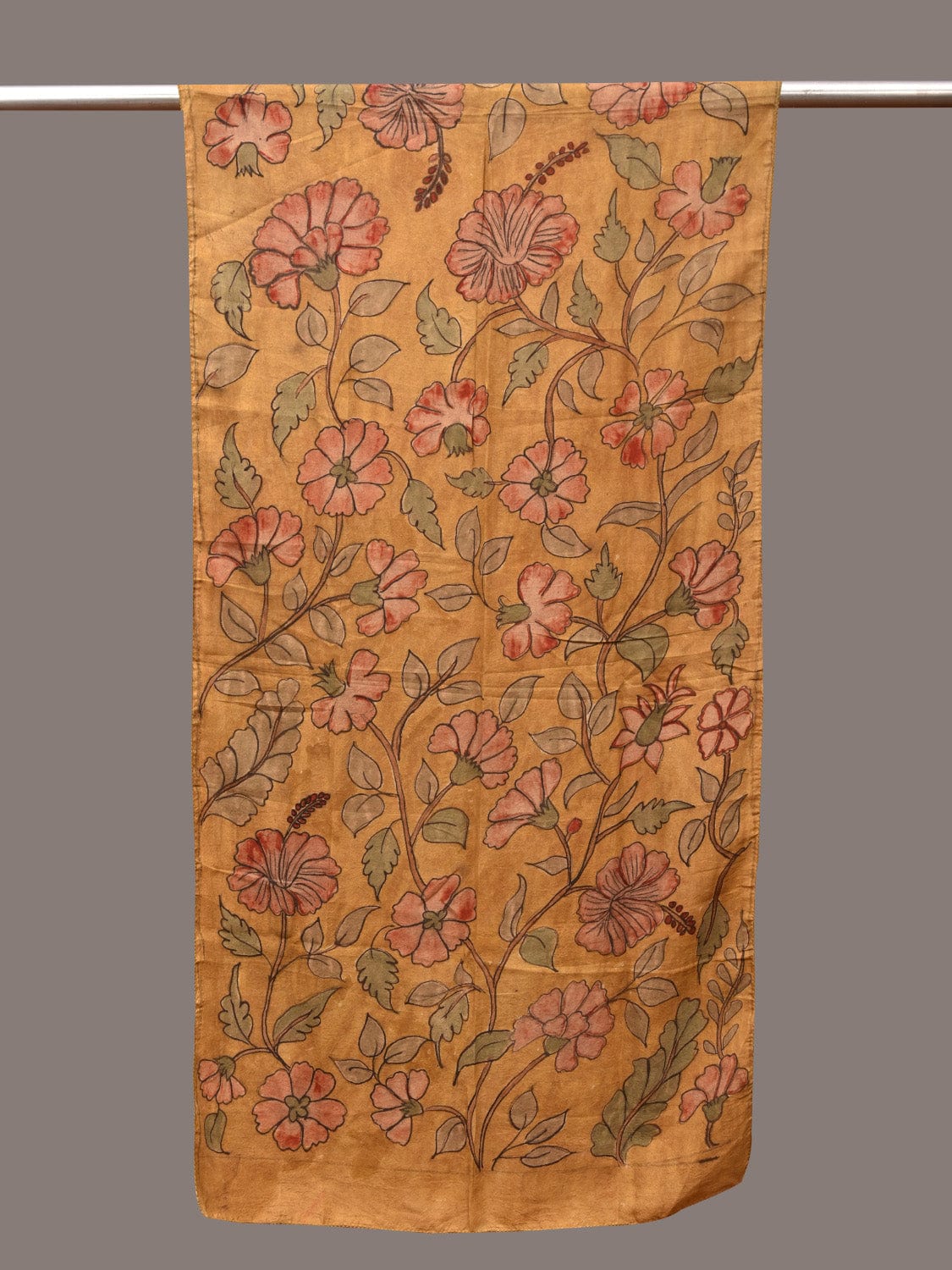 Mustard Kalamkari Hand Painted Sico Stole with Floral Design - Global Threads | Grocsy