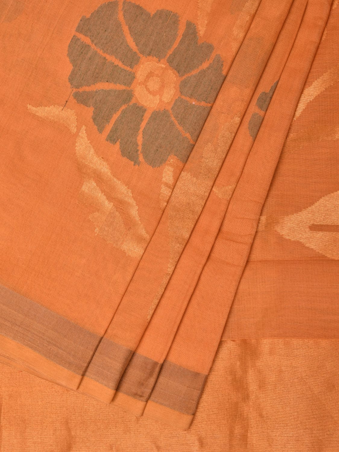 Mustard Khadi Cotton Handloom Saree with All Over Big Flowers Design - Global Threads | Grocsy