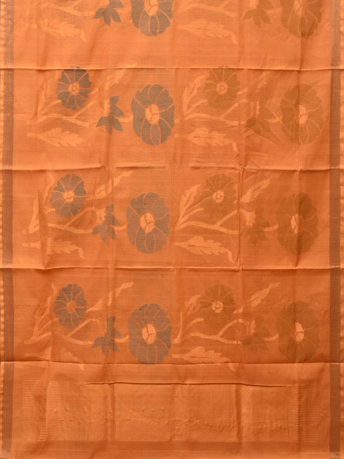 Mustard Khadi Cotton Handloom Saree with All Over Big Flowers Design - Global Threads | Grocsy