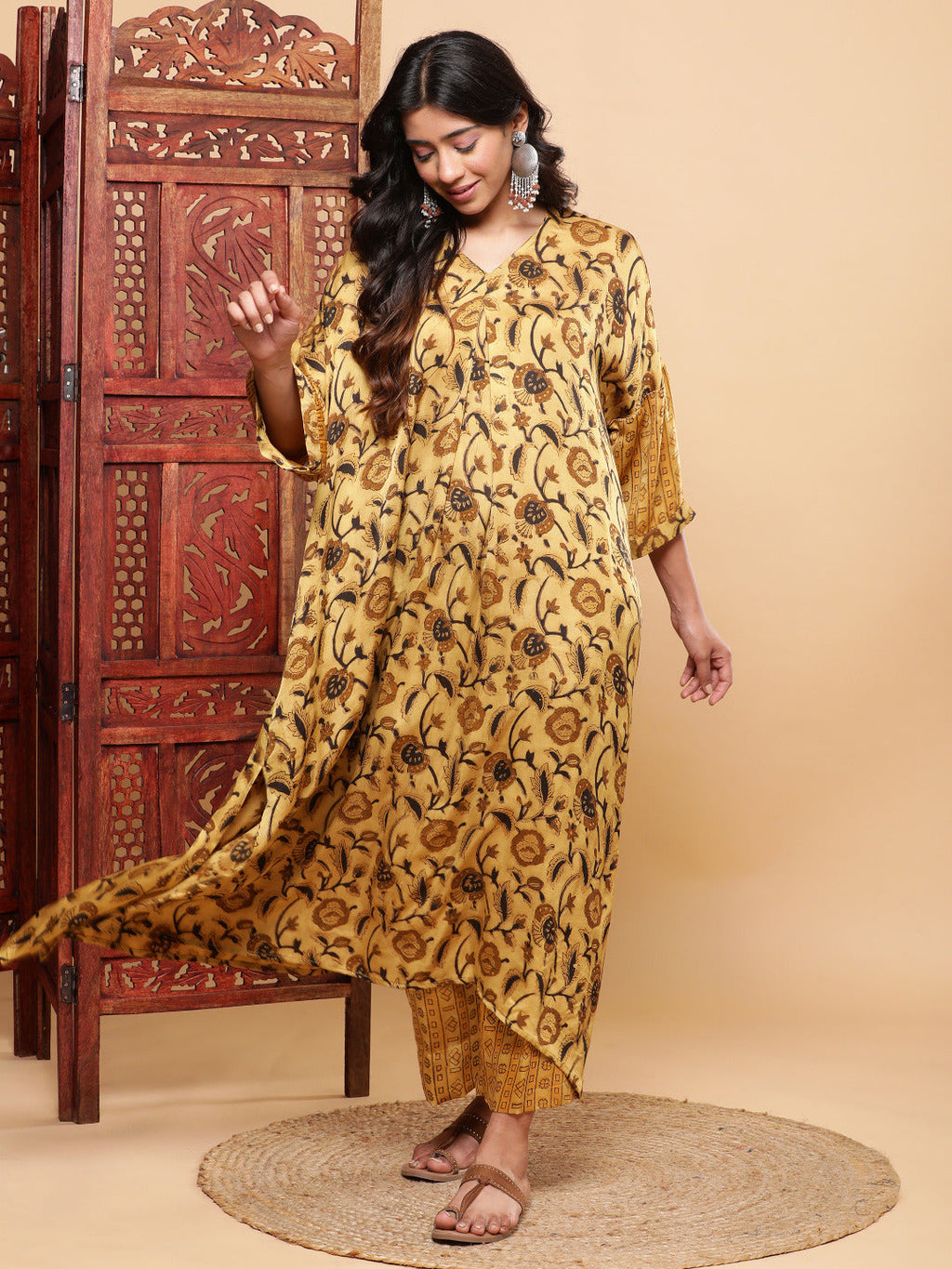 BohoJazz Mustard Vegetable Dye Flowy Modal Kurta with Pants | Grocsy