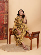 BohoJazz Mustard Vegetable Dye Flowy Modal Kurta with Pants | Grocsy