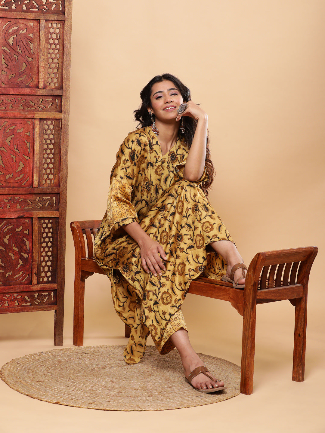 BohoJazz Mustard Vegetable Dye Flowy Modal Kurta with Pants | Grocsy