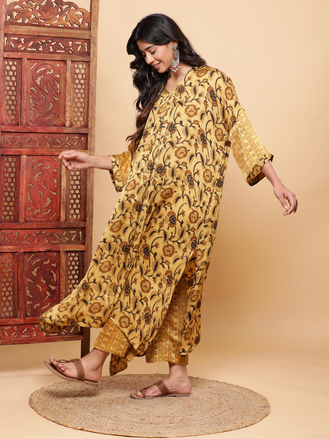 BohoJazz Mustard Vegetable Dye Flowy Modal Kurta with Pants | Grocsy