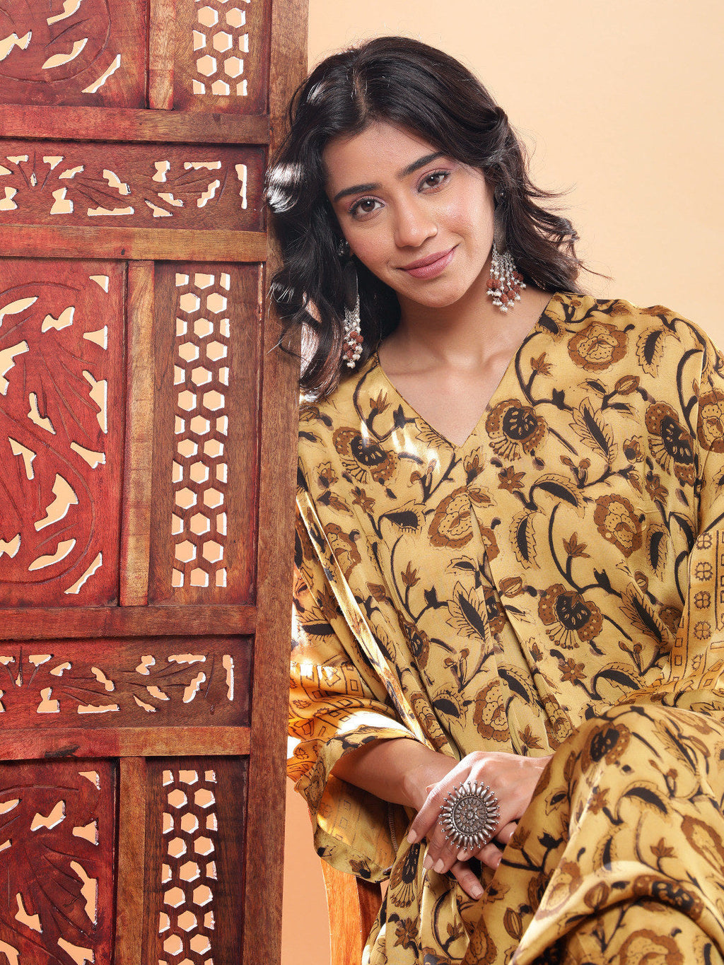 BohoJazz Mustard Vegetable Dye Flowy Modal Kurta with Pants | Grocsy