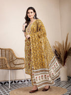 Yufta Mustard Pure Cotton Lace Work On Yoke Straight Kurta Dupatta Pant Set | Grocsy