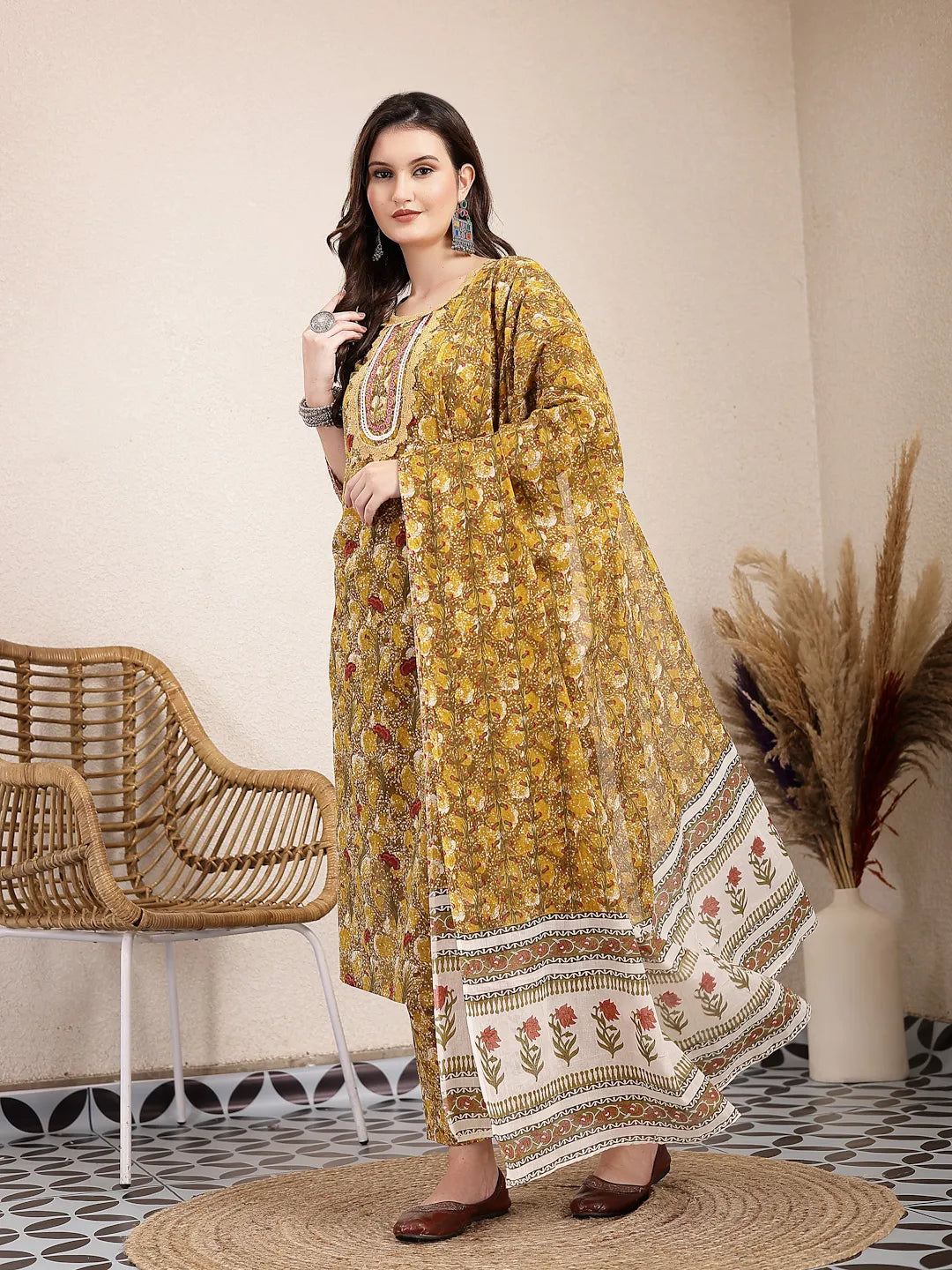 Yufta Mustard Pure Cotton Lace Work On Yoke Straight Kurta Dupatta Pant Set | Grocsy