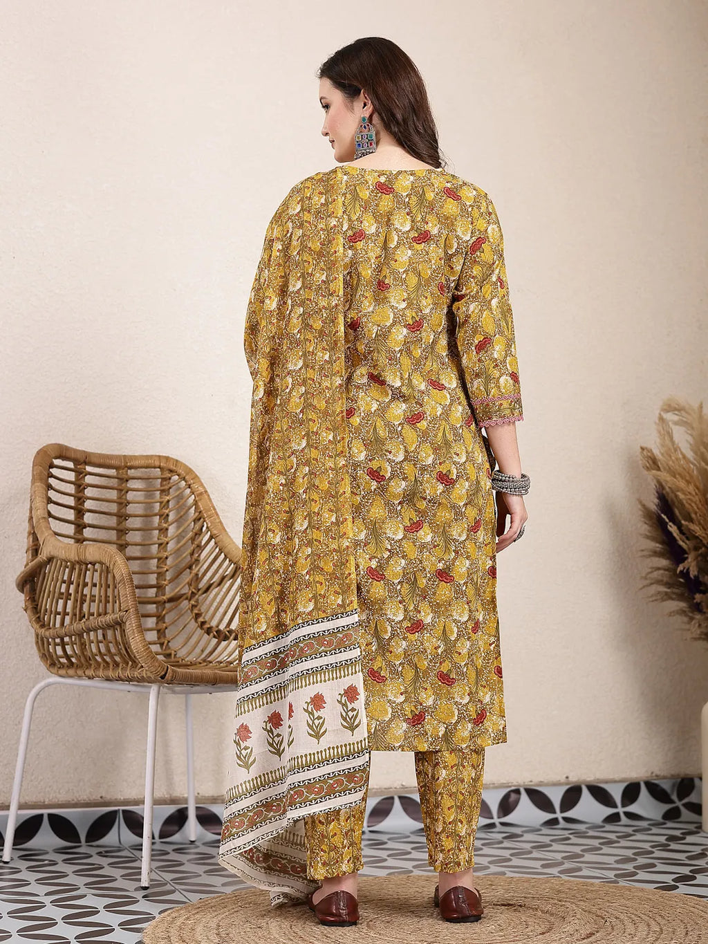 Yufta Mustard Pure Cotton Lace Work On Yoke Straight Kurta Dupatta Pant Set | Grocsy