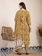 Yufta Mustard Pure Cotton Lace Work On Yoke Straight Kurta Dupatta Pant Set | Grocsy